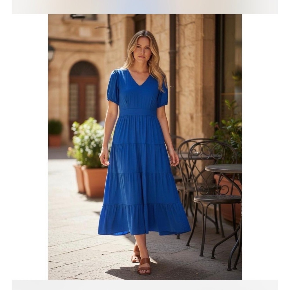 Ann Taylor Factory Tiered Midi Dress Womens 16 Royal Blue Excellent V-Neck Puff